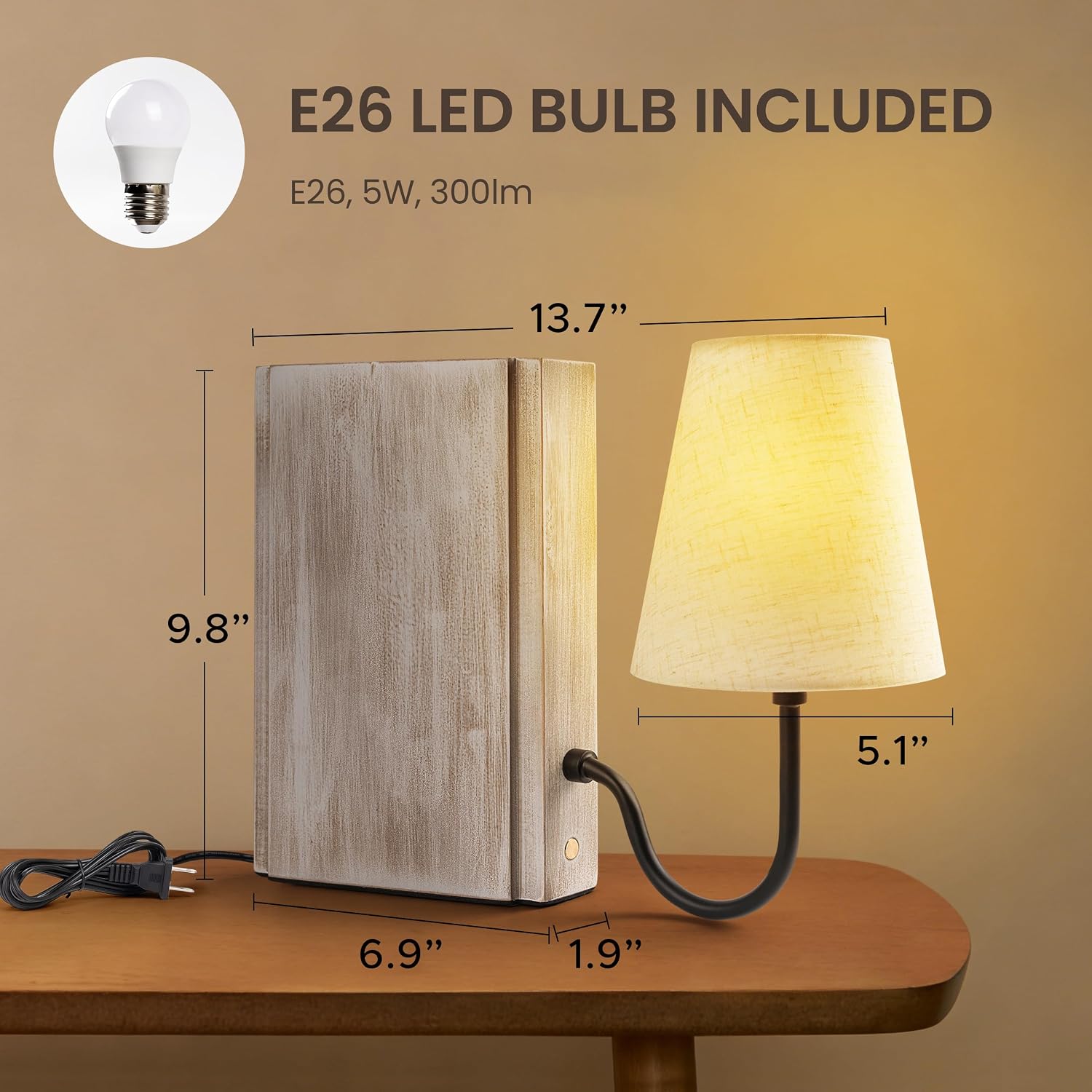 Solid Wood Bookshelf Lamp with Bulb, 3-Color Touch Control Dimmable Table Lamp with Linen Shade, Modern Decorative