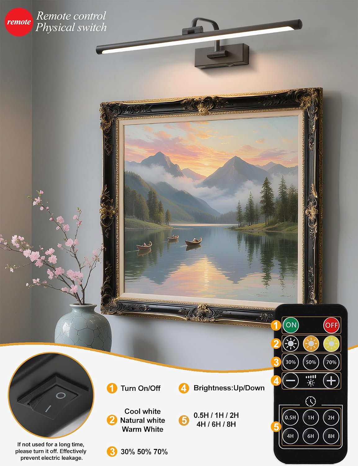24" Battery Operated Picture Light for Wall,Remote Control | 5000mAh Wireless Dimmable Black Rechargeable Wall Art