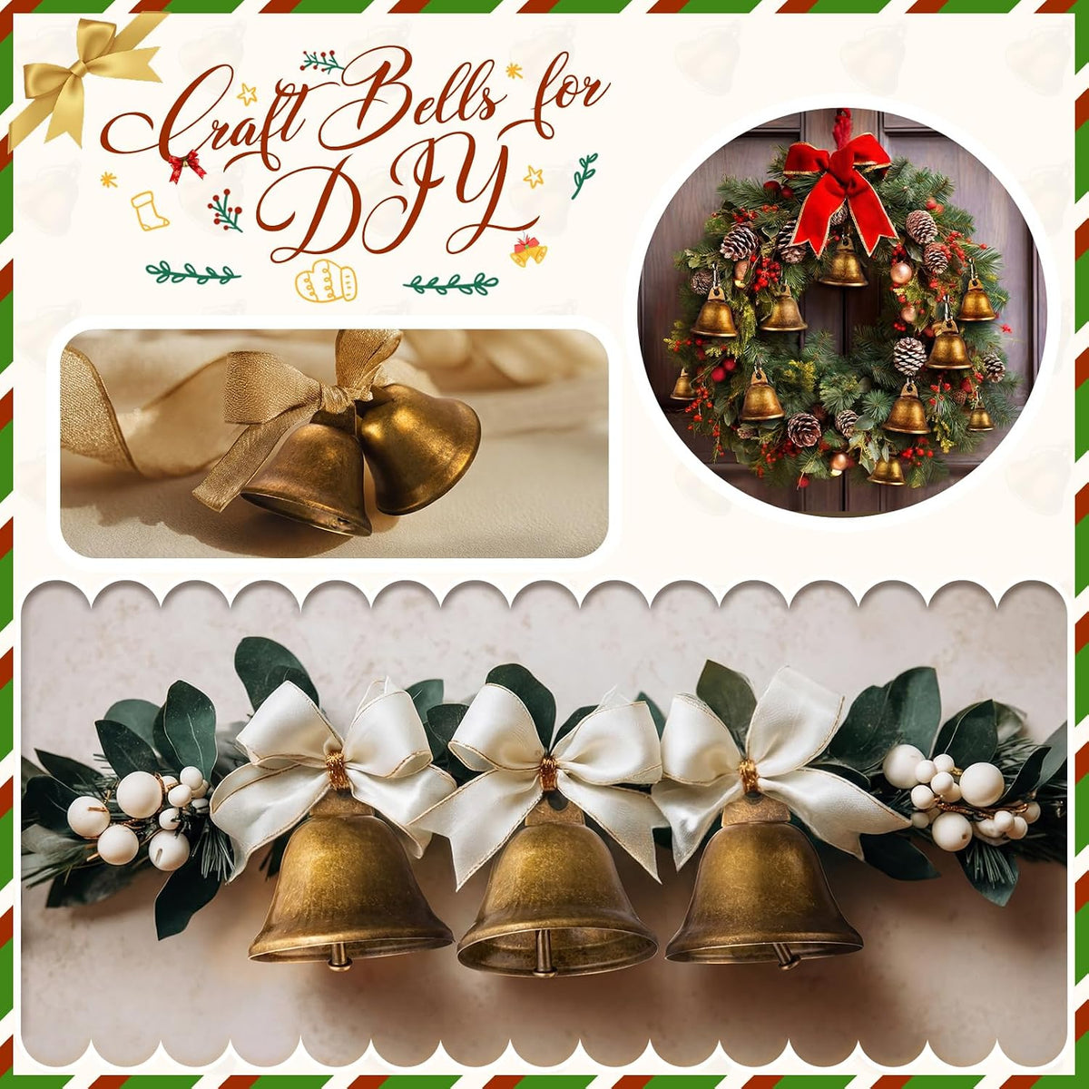 Gejoy 120 Pieces Small Brass Bells with Spring Hooks,Bronze | Vintage Mini for Wind Chimes, Dog Training Doorbell