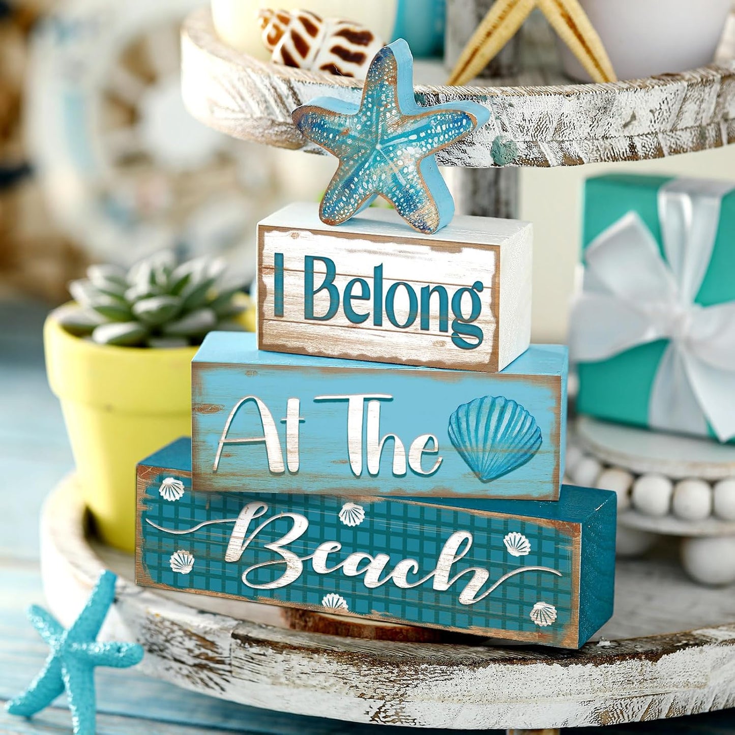 Starfish Decoration Summer Tiered Tray Decor At The Beach Wooden Sign / Starfish Style / Set of 4