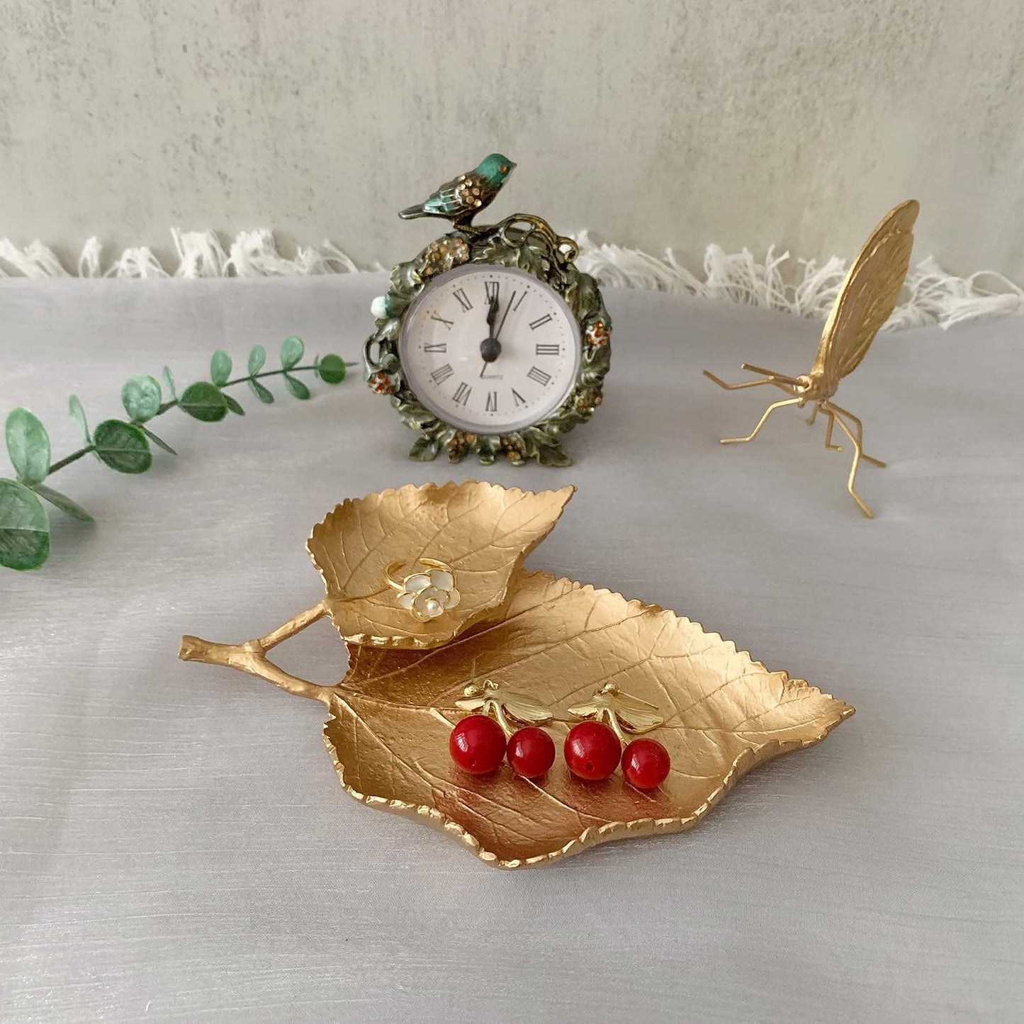 Metal Trinket Dish Leaf Shaped Ring Holder Jewelry Organizer Vanity Dish / Double Mulberry Leaves