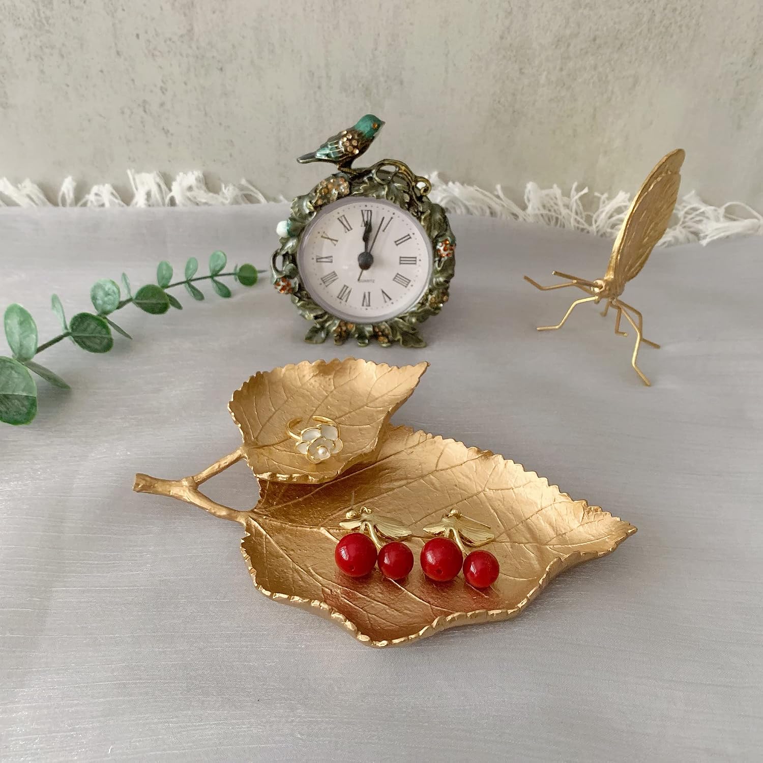 Metal Trinket Dish Leaf Shaped Ring Holder Jewelry Organizer Vanity Dish / Double Mulberry Leaves