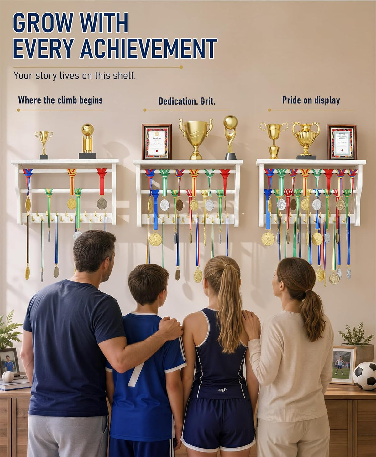 Medal Hanger Display, 3-Tier Solid Wood Trophy Shelf Rack | Medal Holder,2 Medal Bars,17 Metal Hooks,Heavy Duty