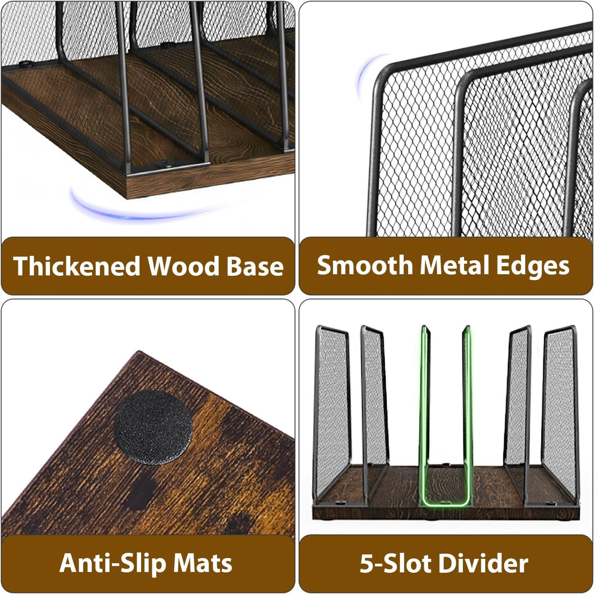 LEKETREE Desk File Organizer, 5-Section Upright File Sorter, Vertical File Folder Holder, Mesh Metal Wood Office