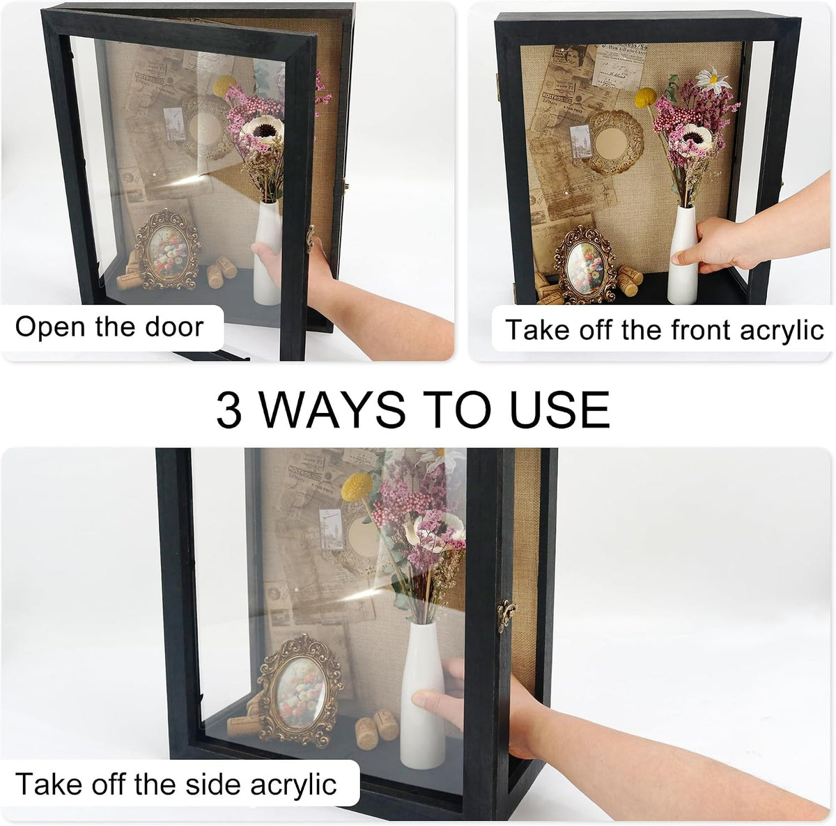 13x16x6 Extra Black Deep Shadow Box with 3 Removable Panels,Black | Wood Display Case for Wall Mounted or Tabletop