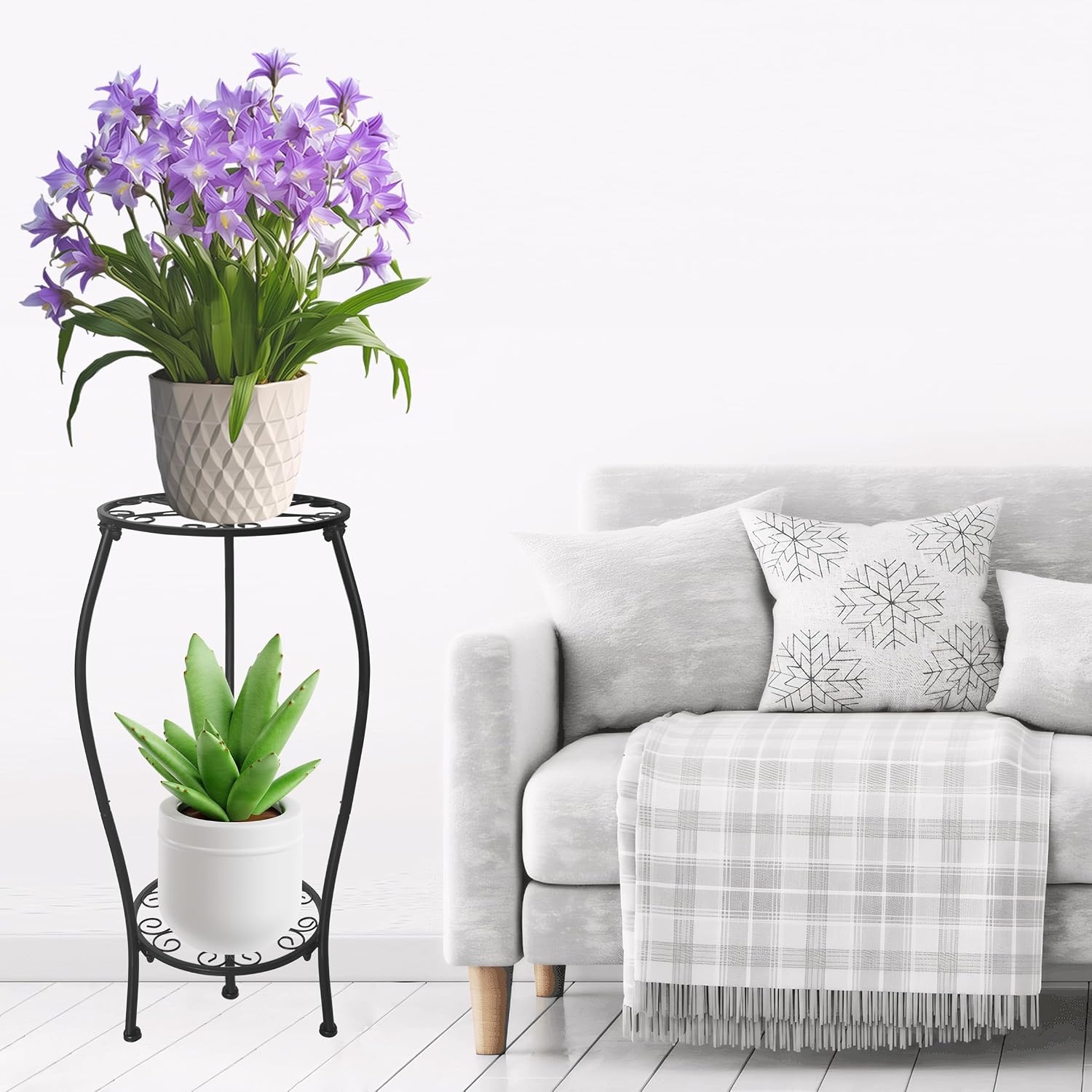 Metal Plant Stand 2 Tier Indoor Outdoor, Tall Flower Pot Shelf Rustproof Stable Corner Stand, 25.2 inch Multiple Plant