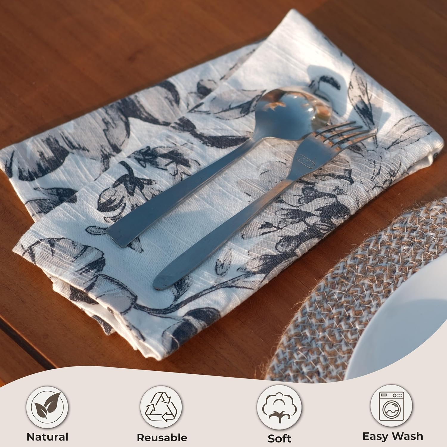 Palisa Floral Print Cloth Napkins Set of 12, 18x18 Inch, (Grey & Beige) | 100% Cotton Dinner Napkins | Reusable &