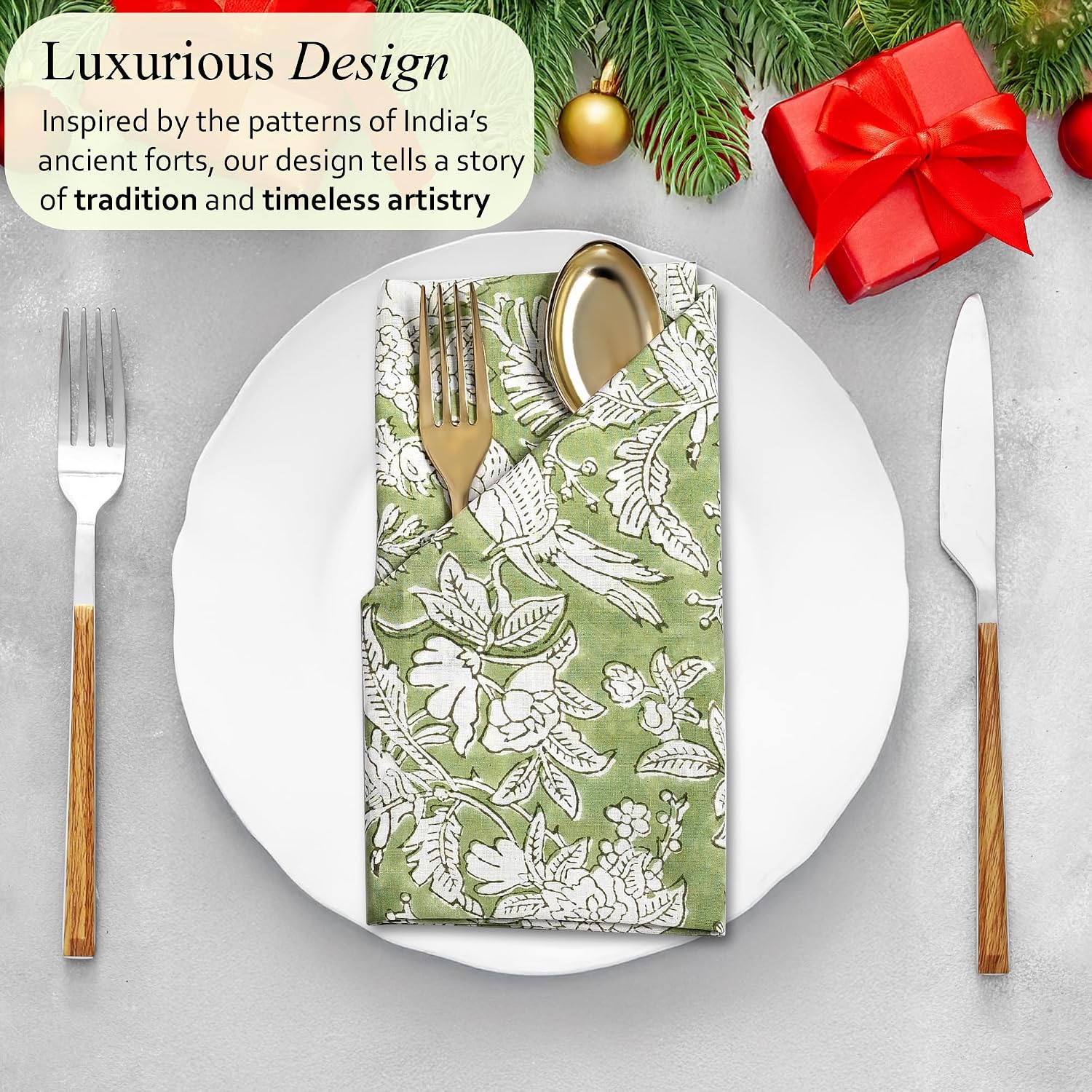 CPC Olive Green Indian Block Print Cotton Cloth Napkins Set of 4, 18x18 Reusable Everyday Napkins, Soft, Absorbent