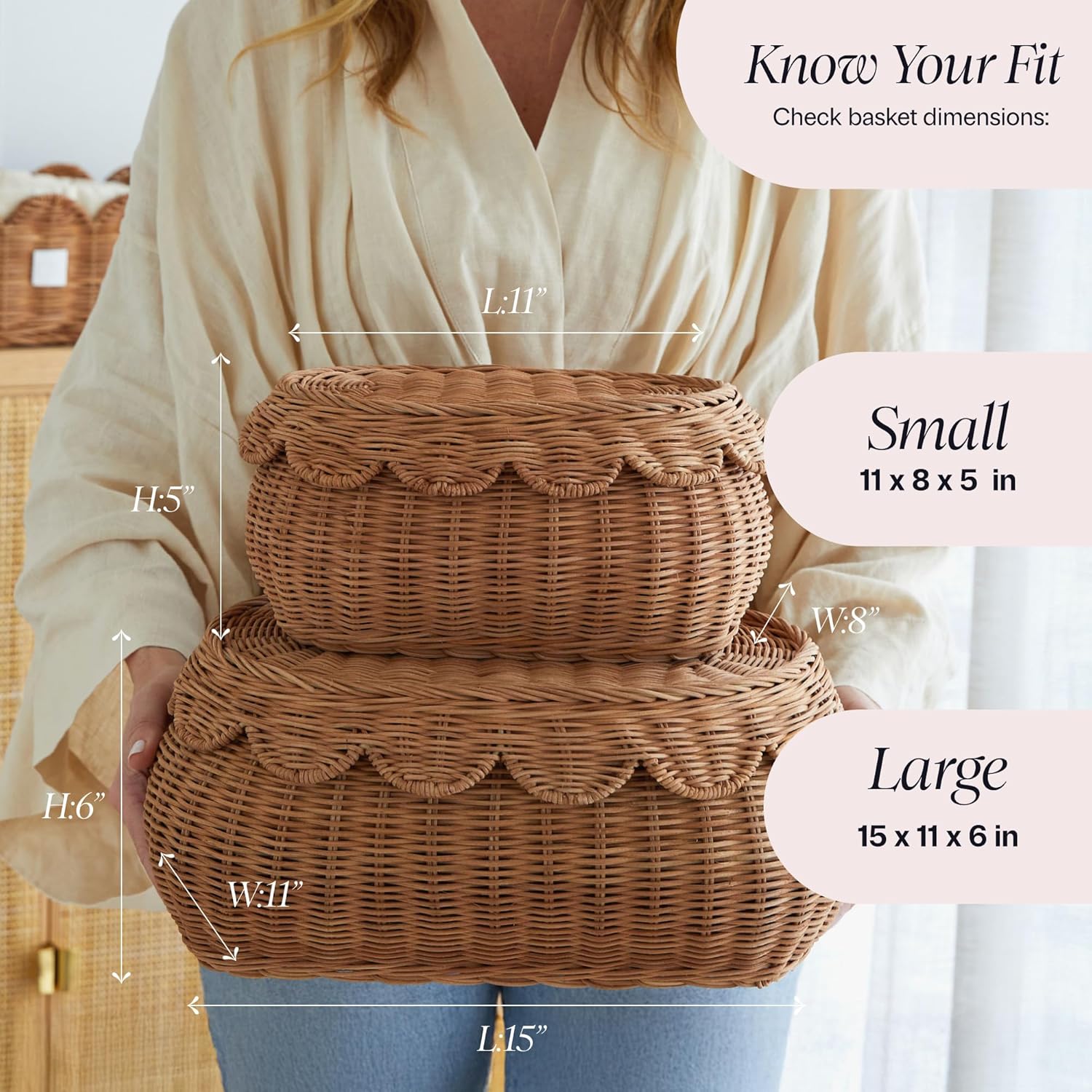 The Original Scalloped Basket / Mocca / 15 x 10 x 6 / Set of 2