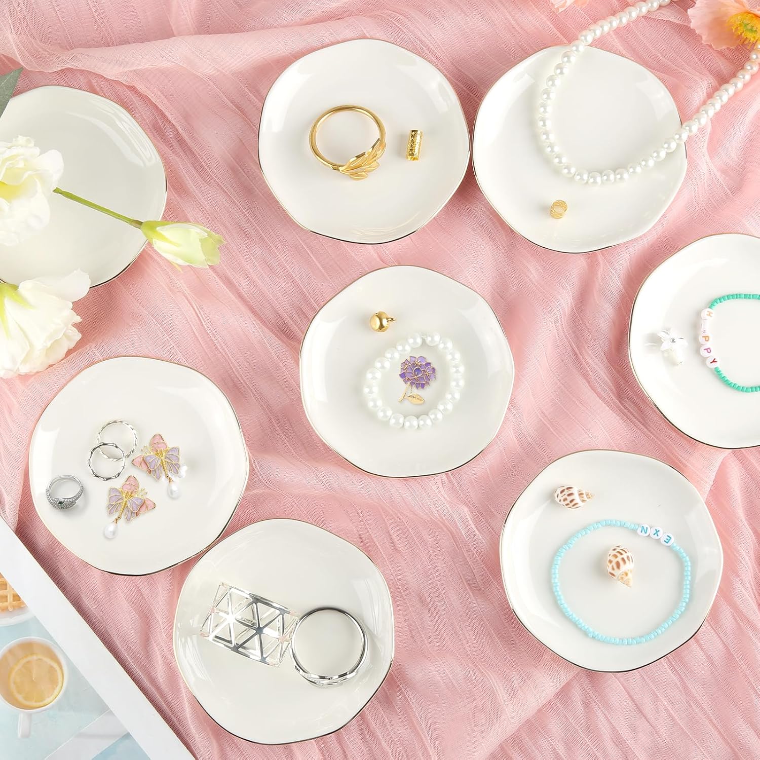 Ceramic Jewelry Tray Irregular Jewelry Dish for Women / White Irregular / Set of 8
