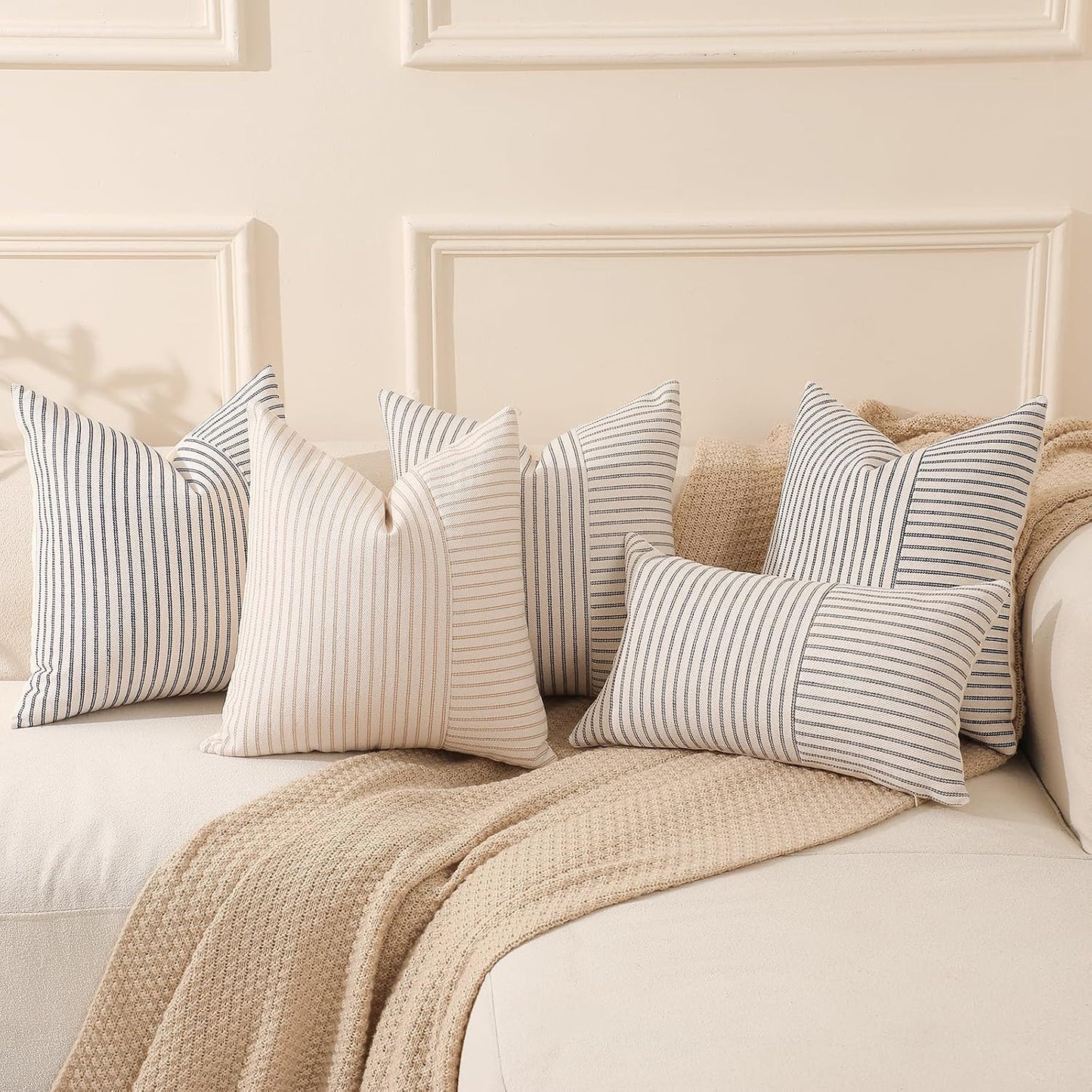 Striped Linen Decorative Pillow / Khaki / 18 x 18 / Beige / Set of 2
