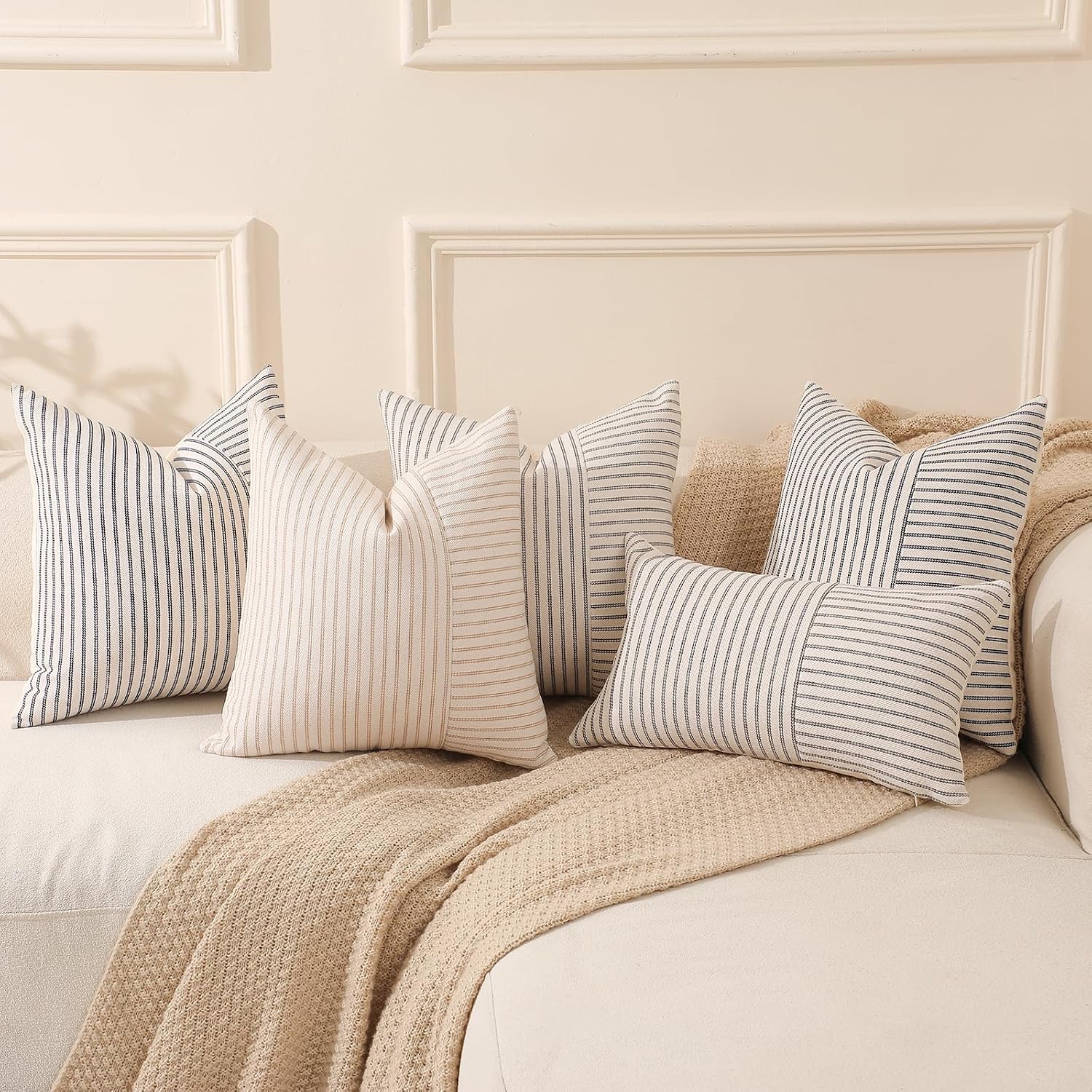 Striped Linen Decorative Pillow / Khaki / 18 x 18 / Beige / Set of 2