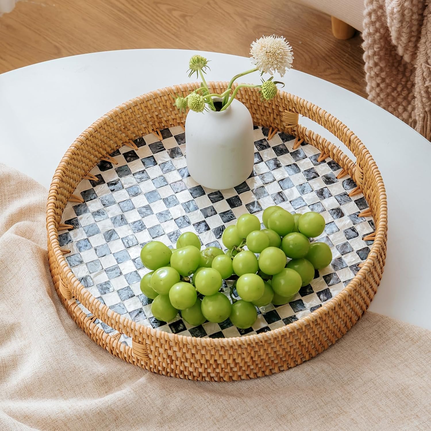 in Round Rattan Serving Tray / Black / 13.8 Inch