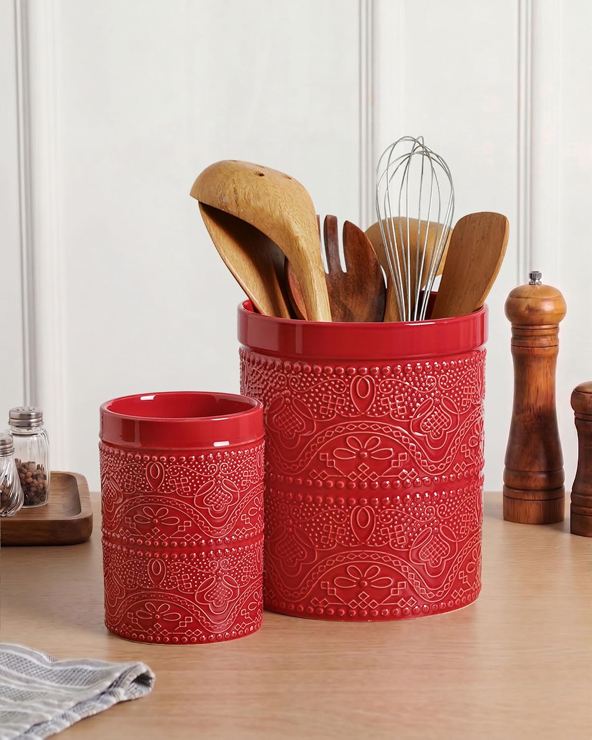 Kitchen Utensil Holder, 7.2+5.5" Super Large Utensil Crock Heavy and Stable Lace Emboss Ceramic Utensil Holder for