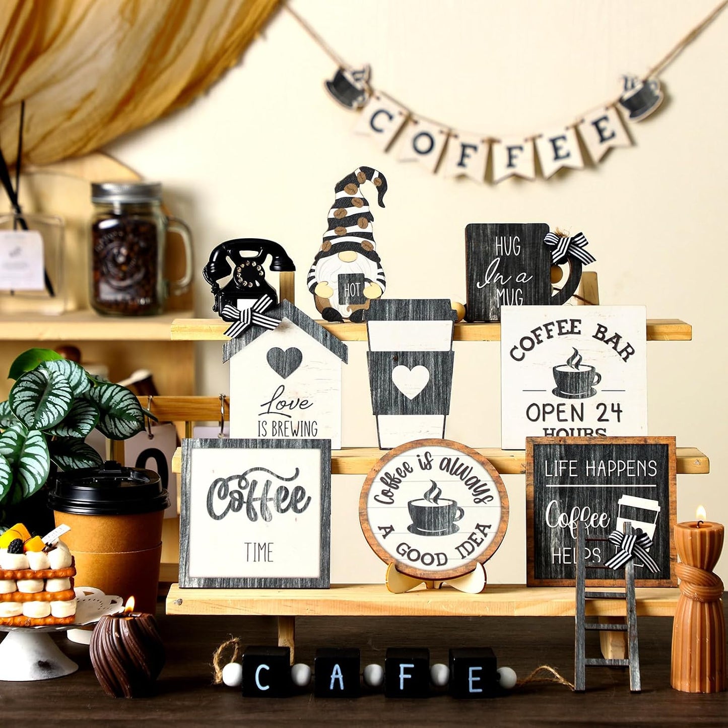 Tiered Tray Decorations Wooden Bar Decor Farmhouse Bar Accessories Gnome Wooden / Coffee / Set of 17