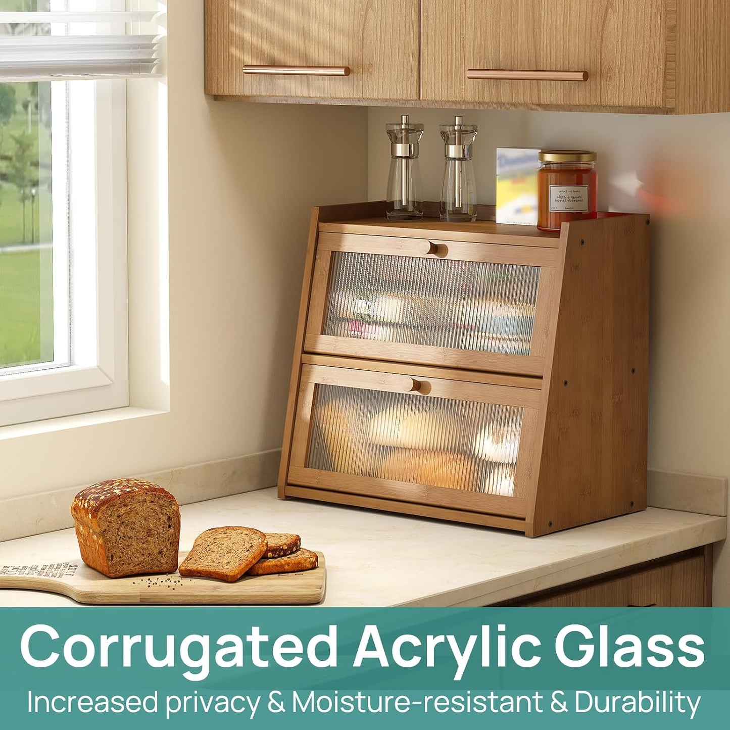 viewcare Extra Large Bread Box, Double Layer Bread Box for Kitchen Counter, Bamboo Wood Large Capacity Bread Storage