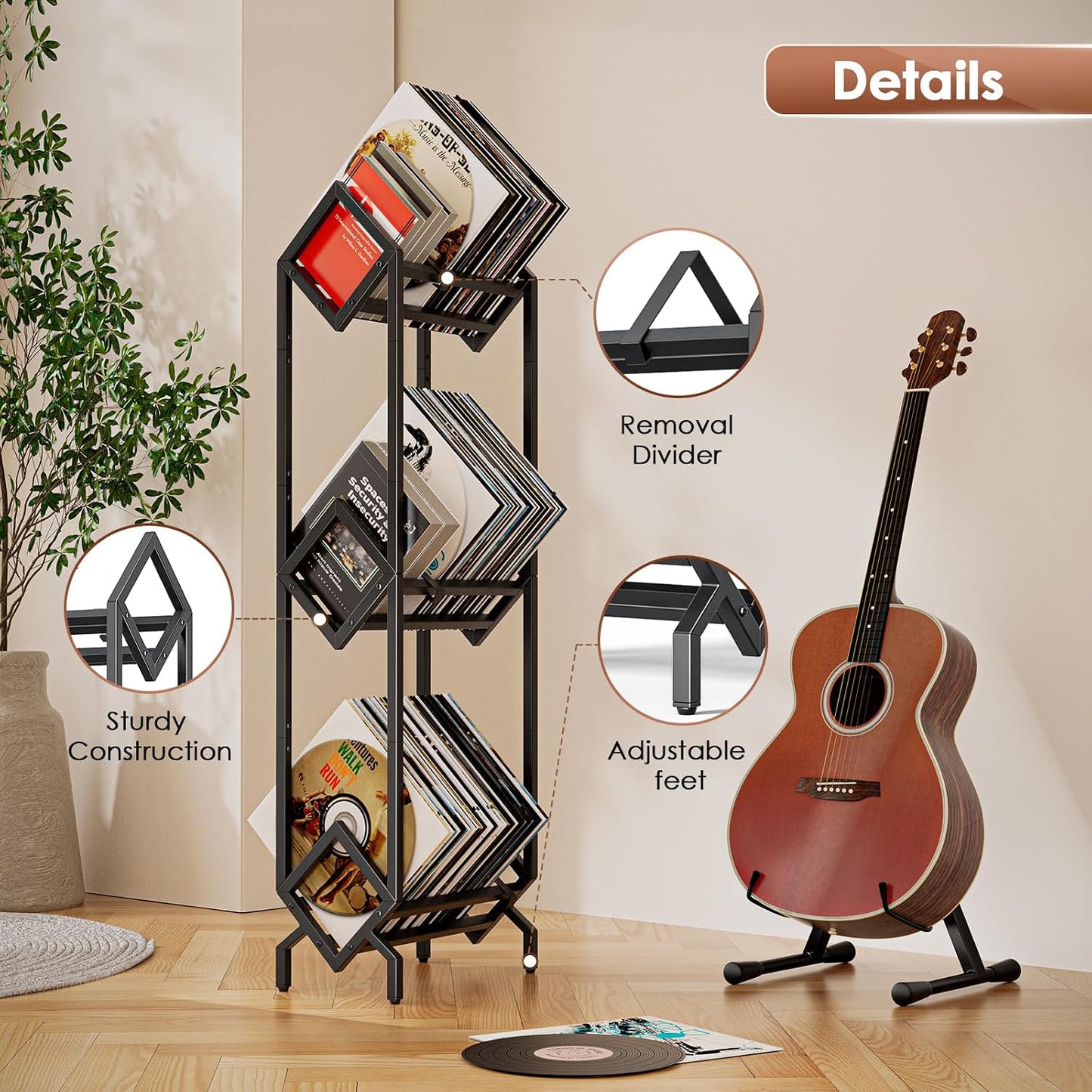 Vinyl Record Storage Rack, Record Holder 260-280 LP Storage Shelf Display Stand for Albums Books Magazines Files, Black