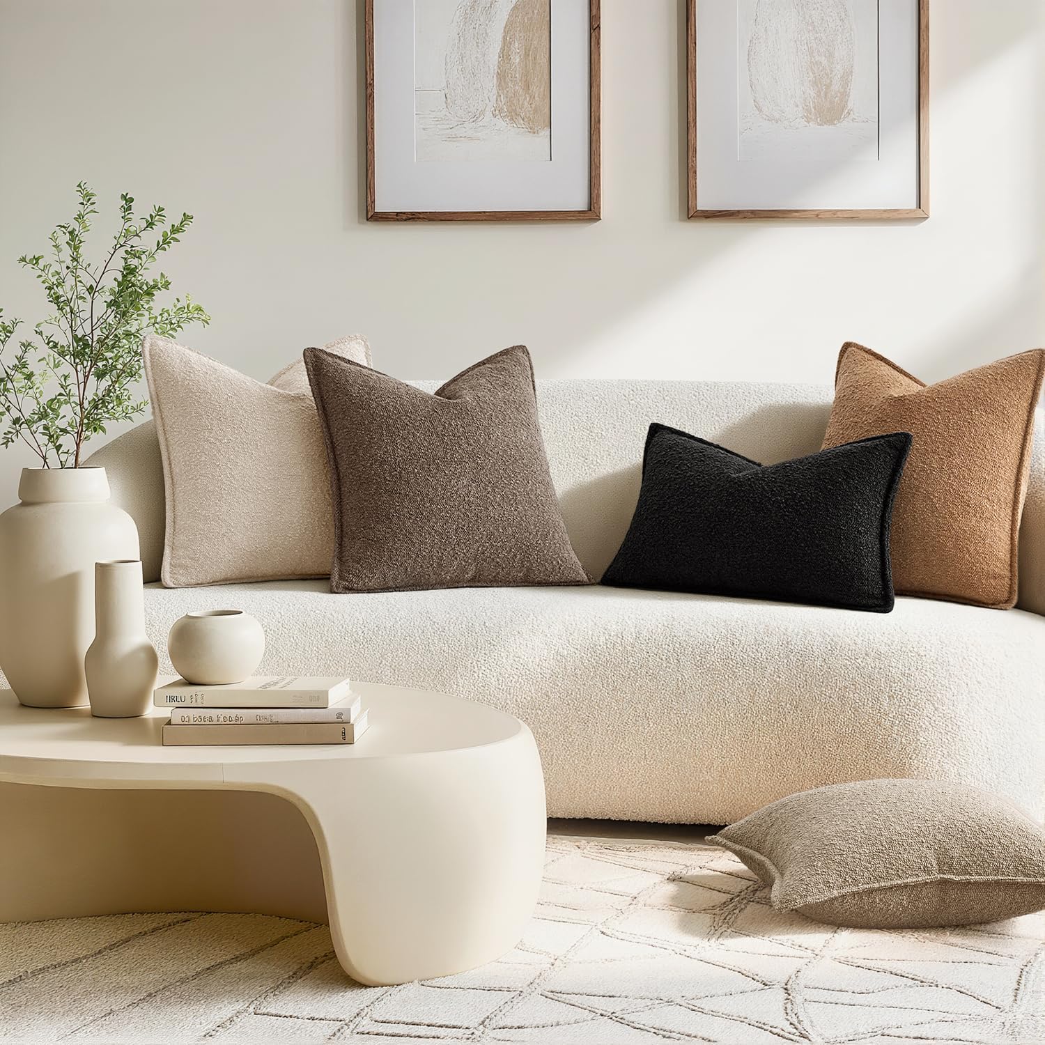 Decorative Textured Boucle Throw Pillow Covers Broadside Thick / 18 x 18 / Dark Brown / Set of 2