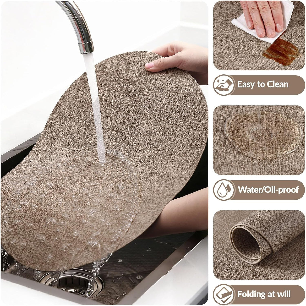 Placemats Set of 4, 11.8 x 17 Inch, Light Brown | Heat Resistant Oval Faux Leather Place Mats, Waterproof Wipeable