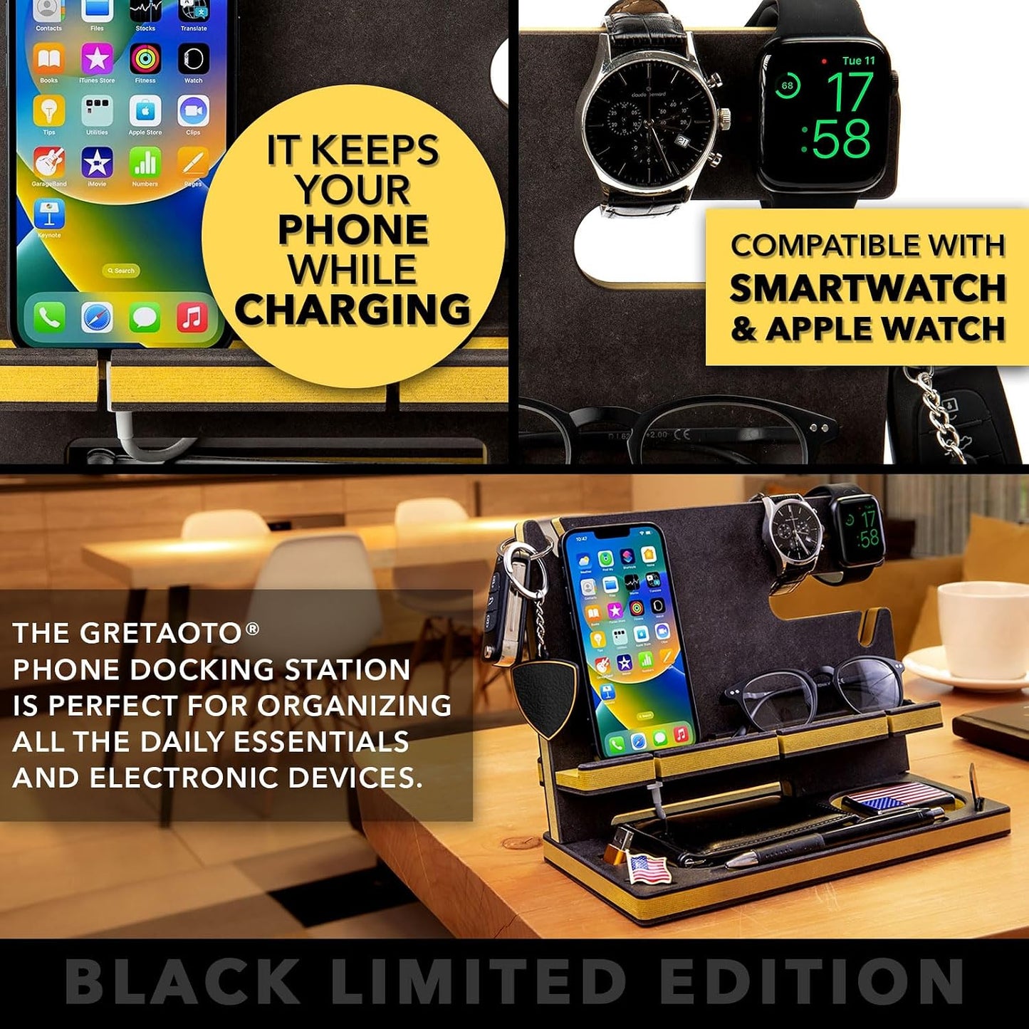 Personalized Wood Docking Station for Cell Phone, Tablet, Wallet, Gadgets, Keys, Accessories, Essentials Desk