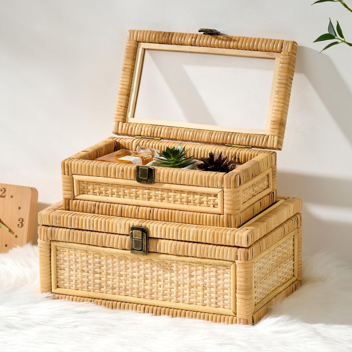 Clear Lid Wooden Frame Decorative Handmade Boho Woven Rattan Wicker Baskets Cane / Large / Natural