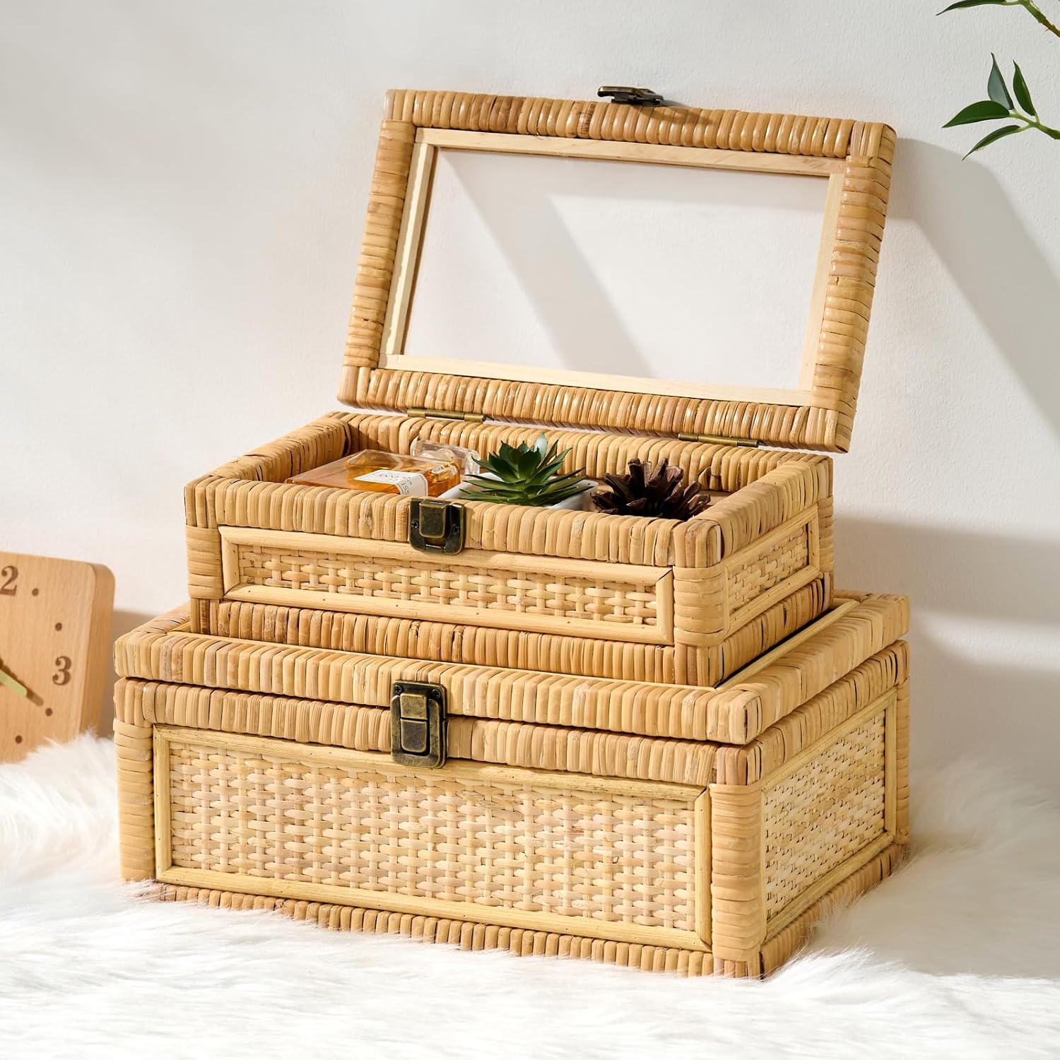 Clear Lid Wooden Frame Decorative Handmade Boho Woven Rattan Wicker Baskets Cane / Small / Natural