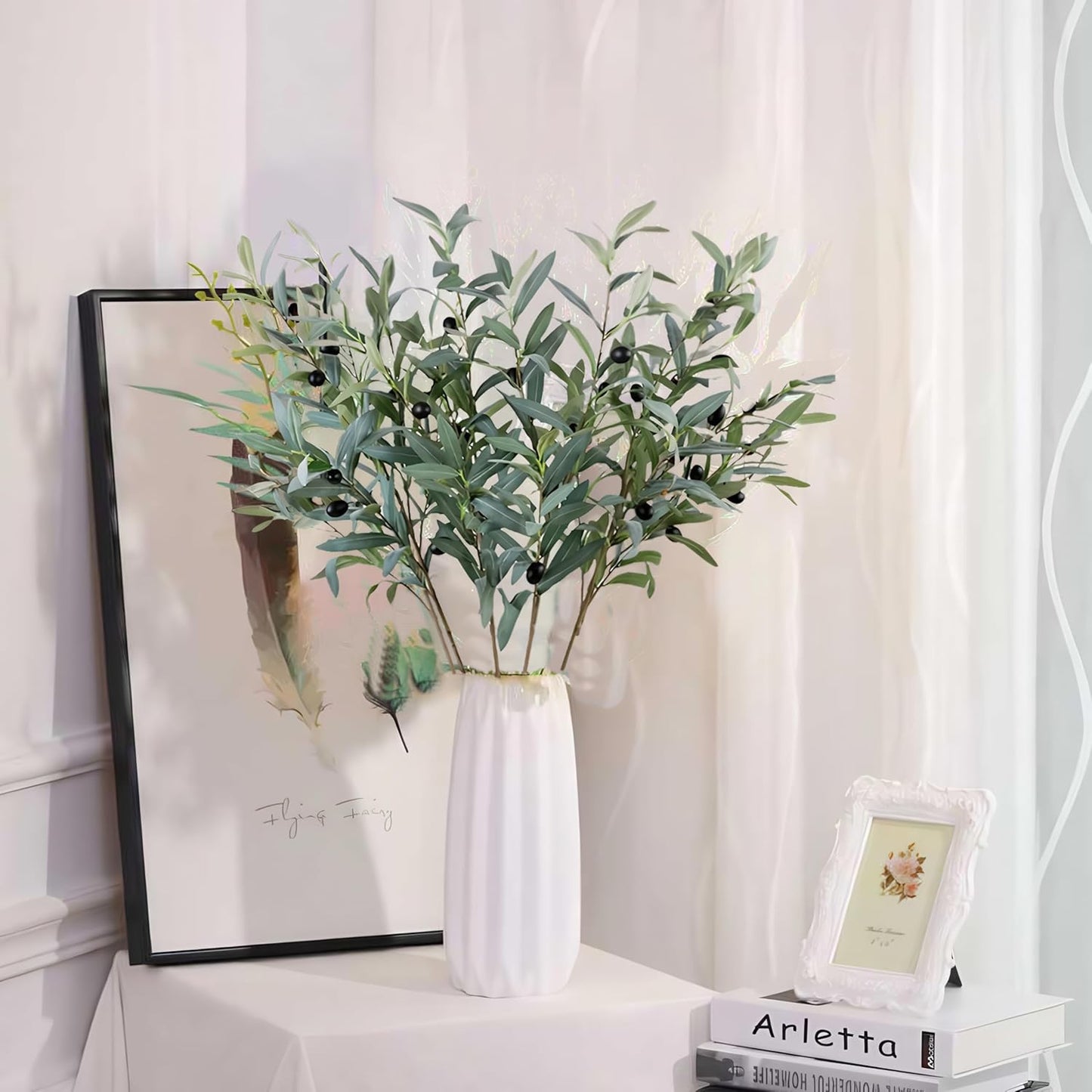 Artificial Olive Leaves Long Stems Fake Eucalyptus Plant Branches for DIY / 26.8 Inch / Set of 8