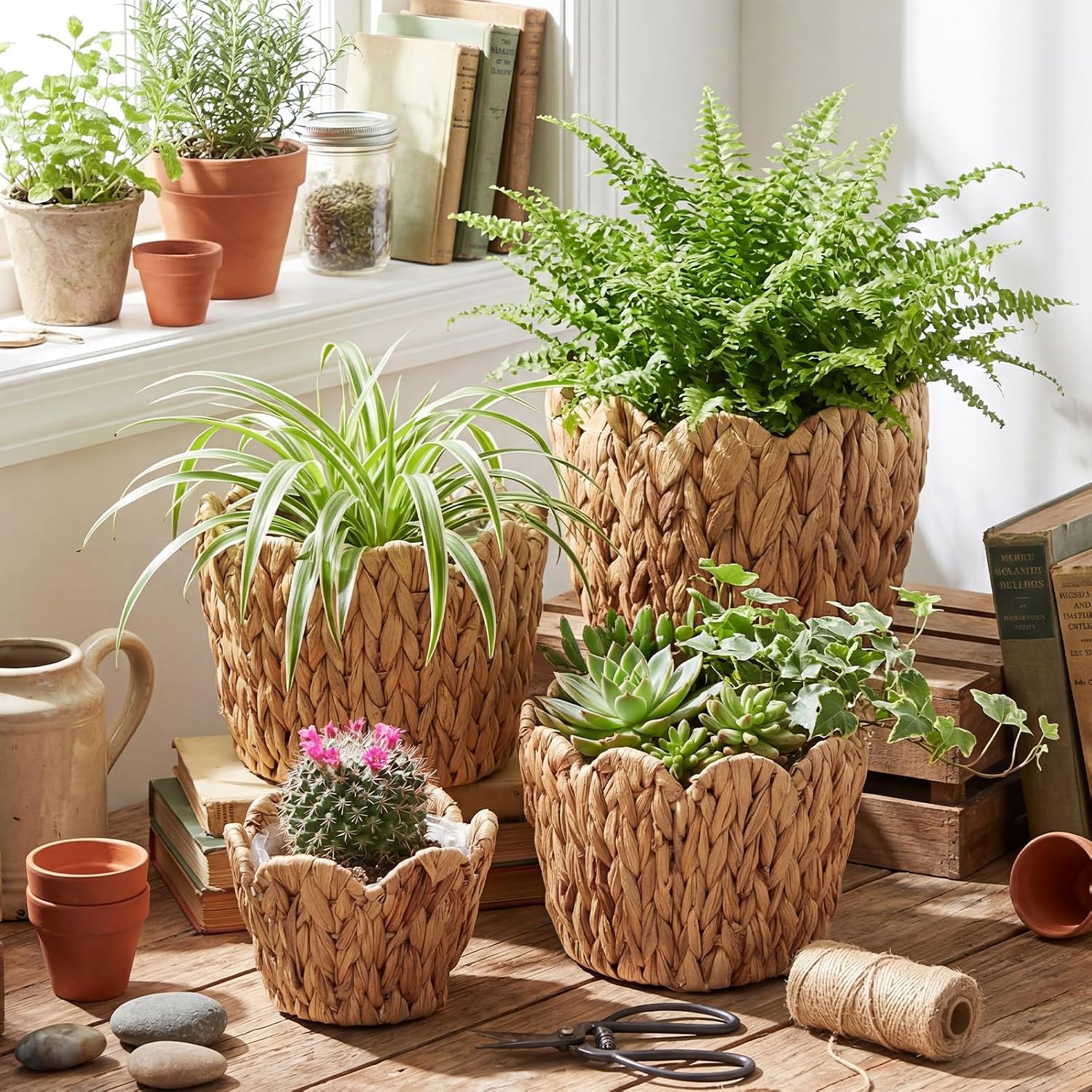 Scalloped Wicker Plant Basket Water Hyacinth Plant Baskets Hand Woven Flower / Untrim / Set of 4