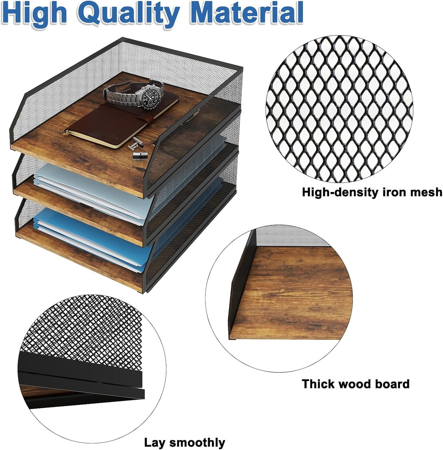 Natwind 3-Tier Stackable Metal Mesh Paper Organizer with Sliding Tray,Retro | Wooden Desk Organizer, Letter Tray For