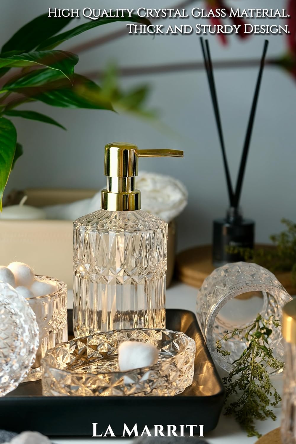 LaMarriti Clear Bathroom Accessories Set, 5pcs Crystal Glass Bathroom Set | Soap Dispenser, Toothbrush Holder Set, Soap