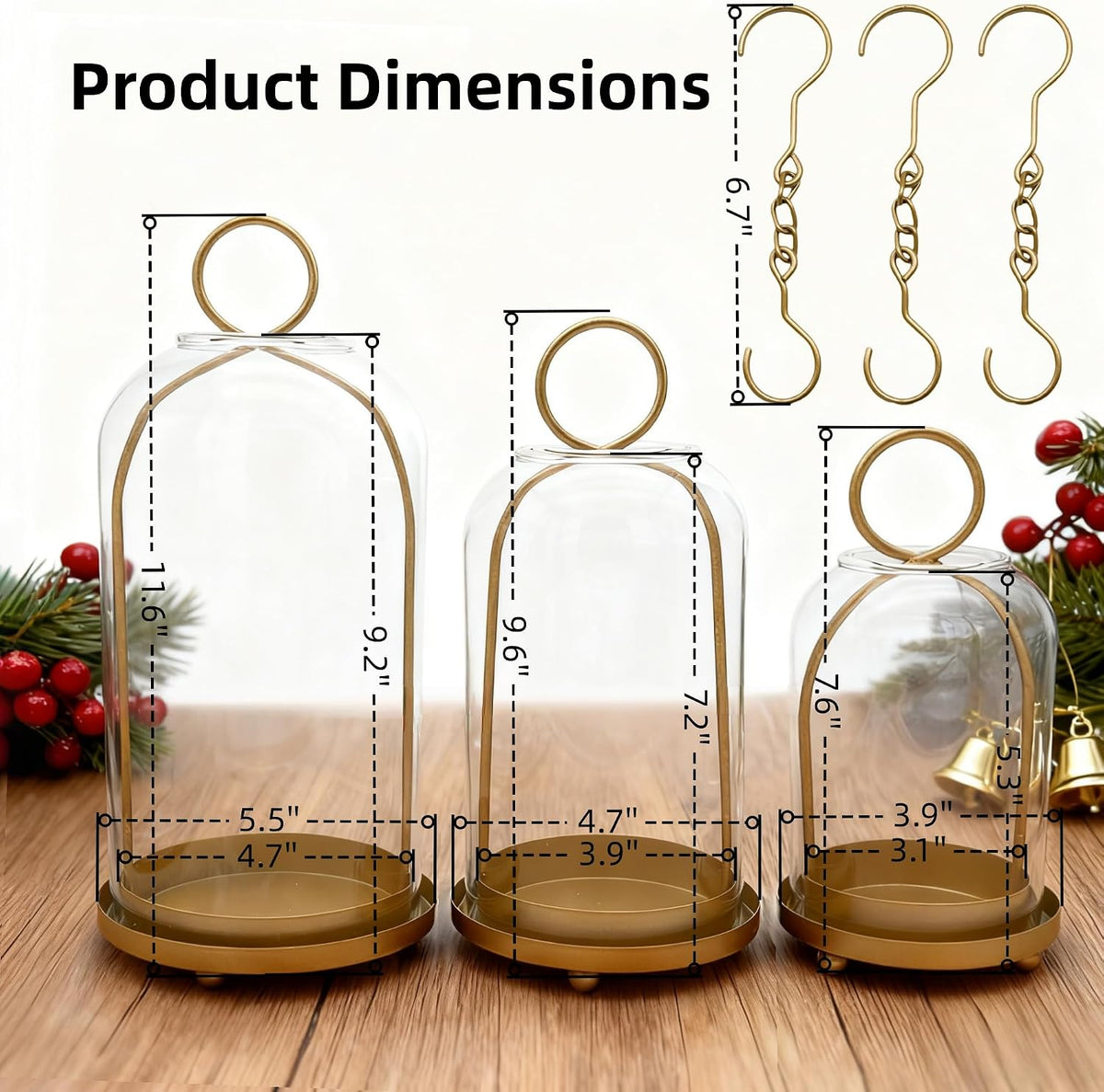 3 Pack Metal Candle Holders with Glass Dome, Gold Candlestick Holders Set | 5.5" & 4.7" & 3.9" Wide Versatile Hurricane