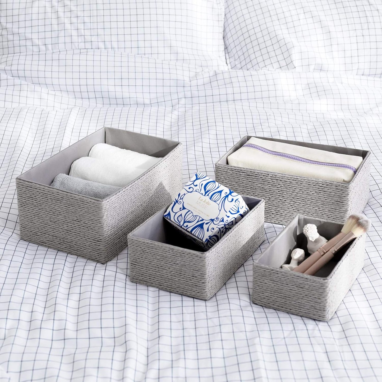 Stackable Woven Basket Paper Rope Bin / Gray