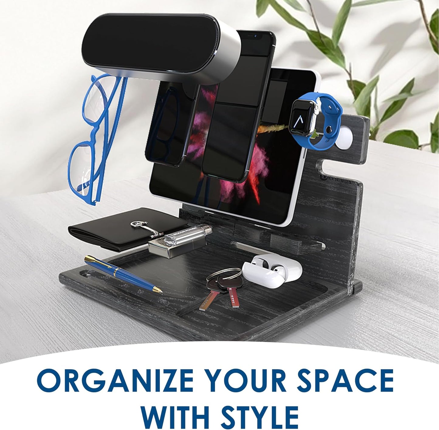 BarvA Two Phone Docking Station | Night Stand Desk Organizer | Wood Nightstand Organizer | Tablet Smart Watch Earbuds