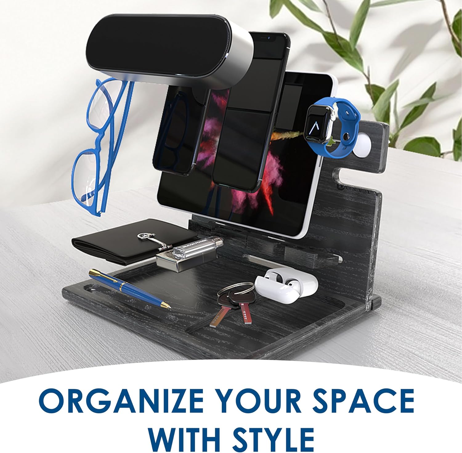 BarvA Two Phone Docking Station | Night Stand Desk Organizer | Wood Nightstand Organizer | Tablet Smart Watch Earbuds