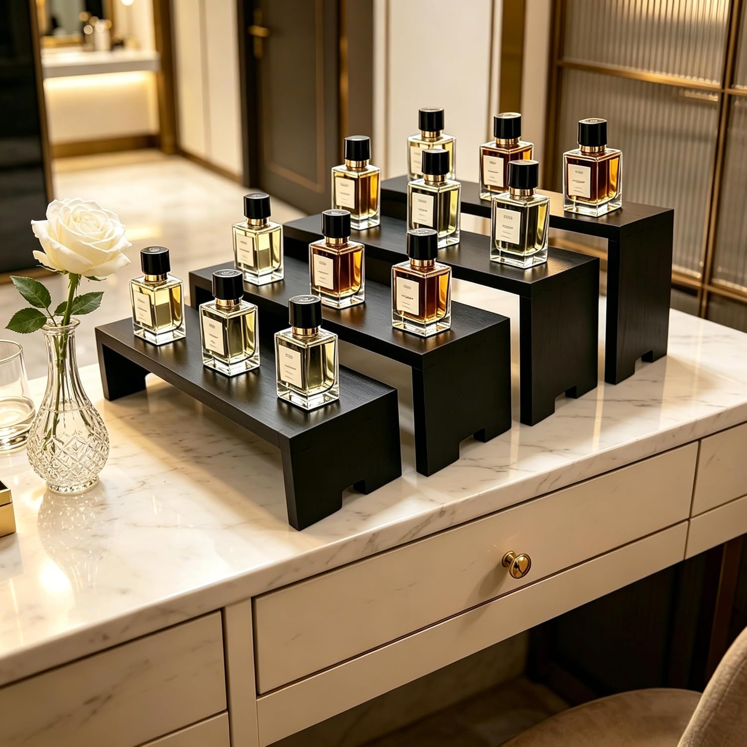 Yikaroeli 2 Set Large Black Display Risers Wooden Tiered Risers for Display Stand 4 Tiered 8Pcs Racks Perfume Organizer