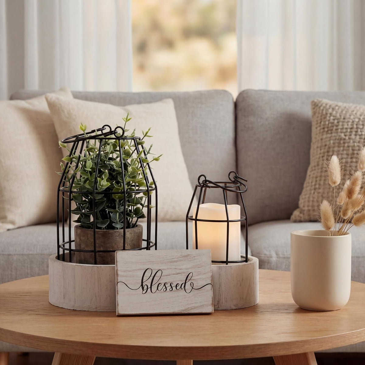 Modern Rustic Farmhouse Candle Lantern Set of 5, Small, Black, White | Decorative Lanterns Centerpieces with Tray for