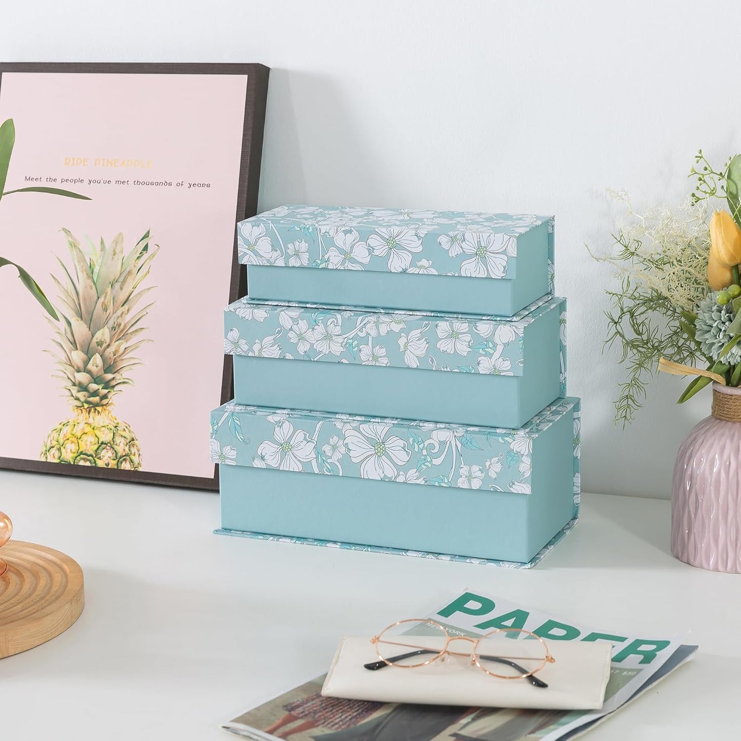 Cardboard Boxes / Decorative Storage Boxes / Blue Botanical / Set of 3