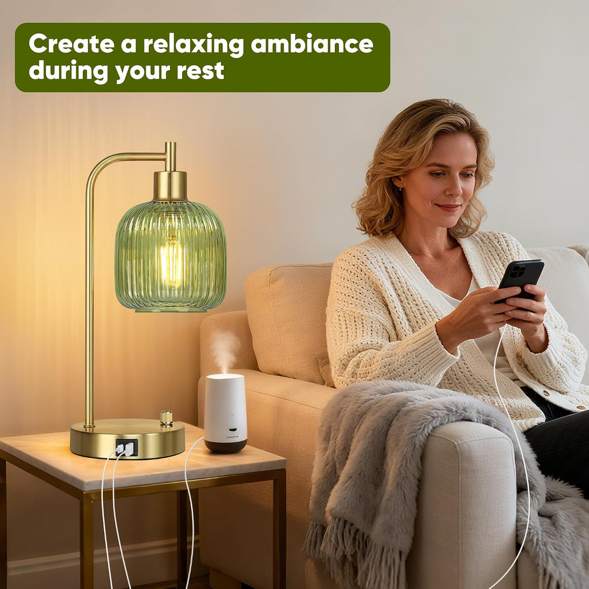 QiMH Industrial Table Lamp for Bedroom Set of 2, Green Glass Beside Lamp with USB A&C Ports, Stepless Dimmable Gold