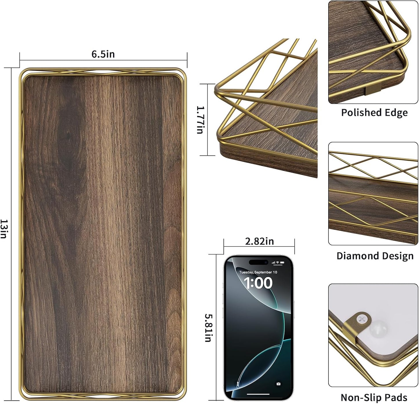 Wood and Metal Toilet Tray Vanity Organizer Bathroom Tray / Brown+gold