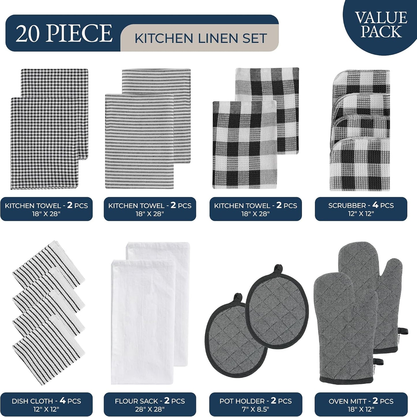 LANE LINEN Kitchen Towels Set 20 Pack - Ultra Soft Cotton Kitchen Hand Towels, Highly Absorbent Dish Cloths, Durable