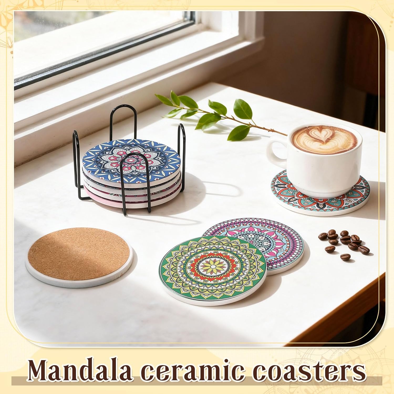 Holder Mandala Round Absorbent Drink Coasters / Mandala Style / 4 Inch / Set of 8
