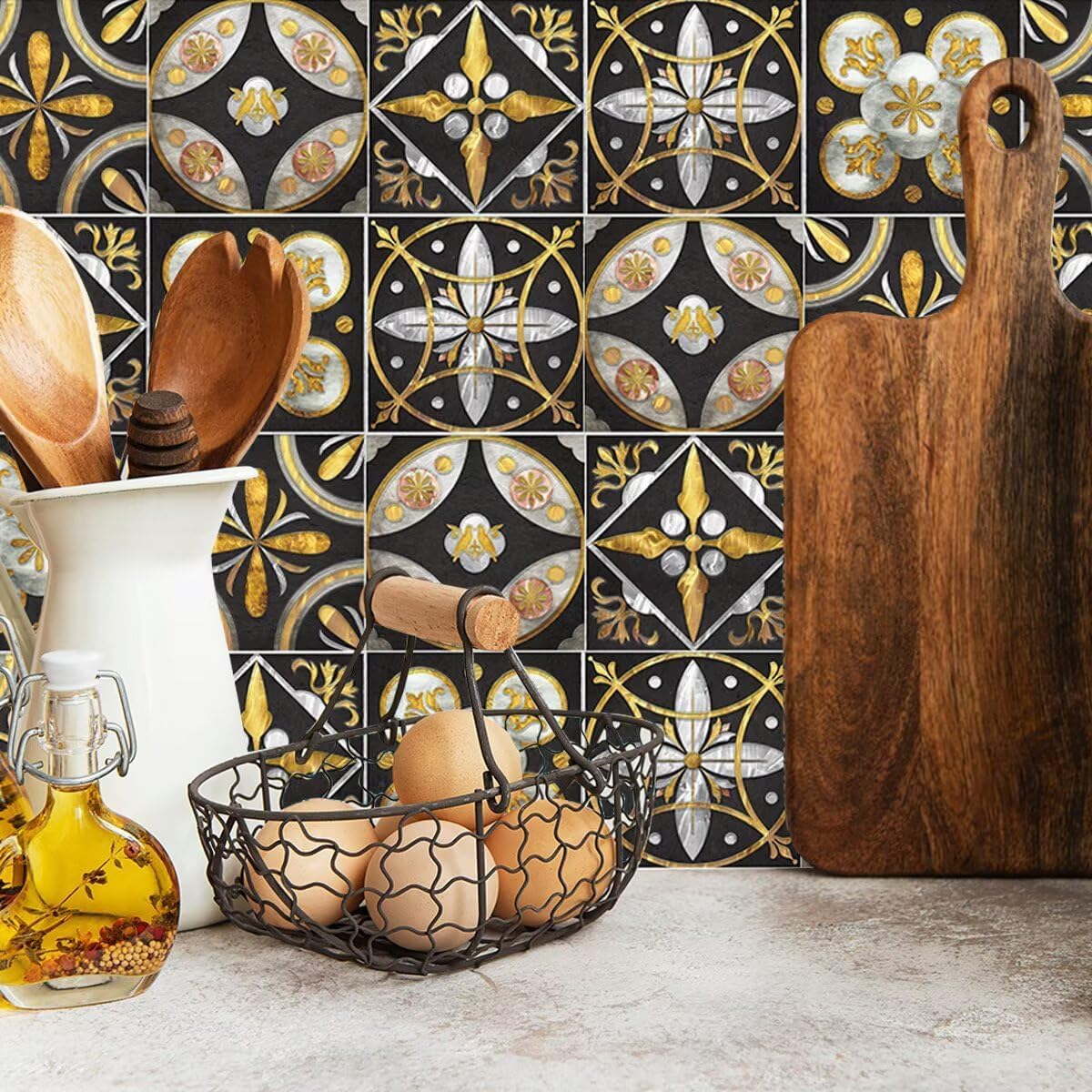 Self-Adhesive Vintage Moroccan Tile Decals Peel / 15cm * 15cm / Gold Black / 6 x 6 / Set of 10