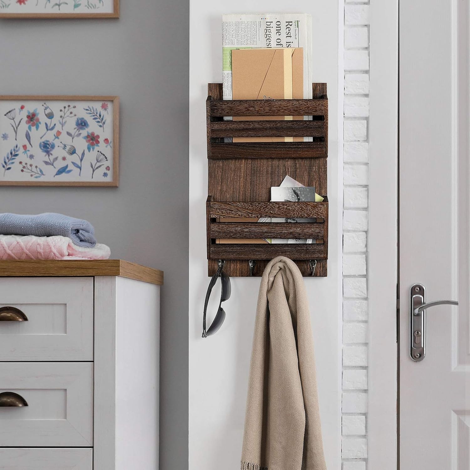 Mail Holder / 4 Key Hooks / Dark Brown