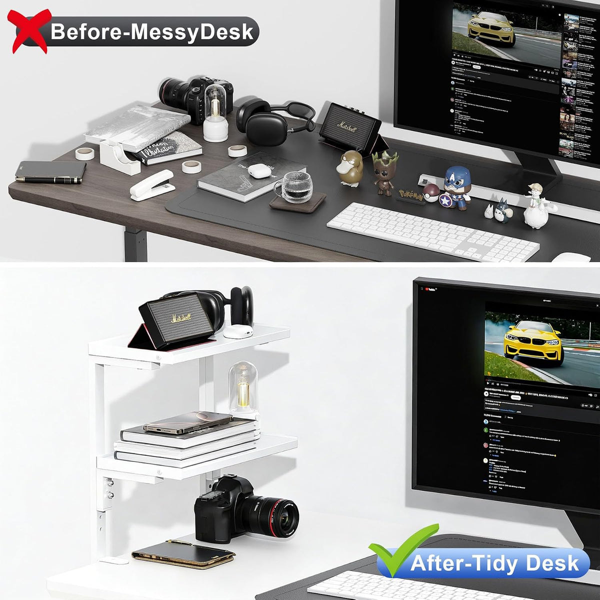 Spacrea Clamp on Desk Shelf, 2 Tier Office Desk Shelves Organizer, Wood Desktop Supplies Storage Rack, Desk Organizers