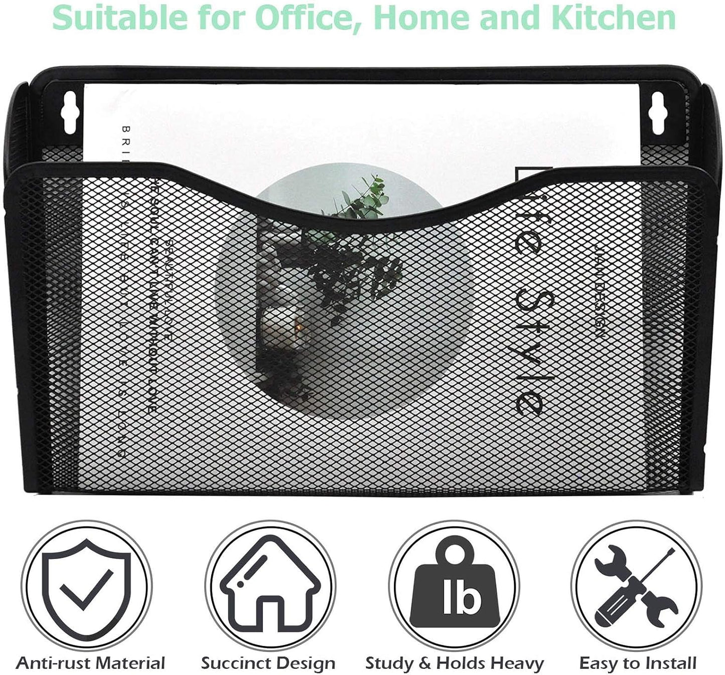 6 Single Pocket Mesh Hanging File Organizer, Vertical Wall Mounted Magazine File Holder, Mount Basket Mail Paper