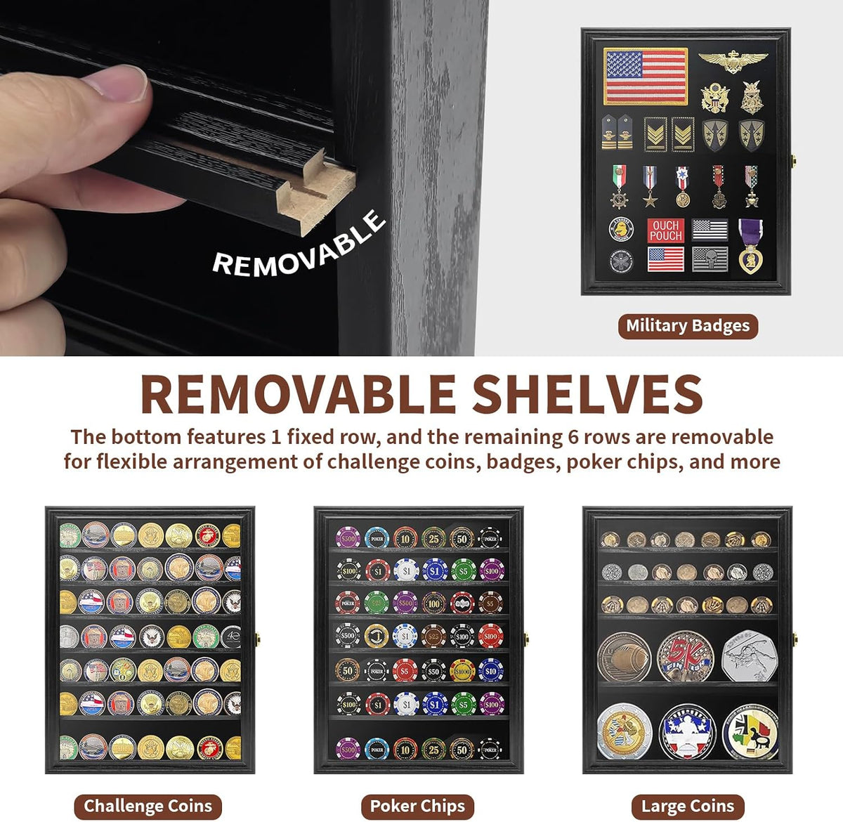 Challenge Coin Display Case, 7 Rows Lockable Military Coin Display Cabinet with UV Acrylic Door, Removable Shelves &