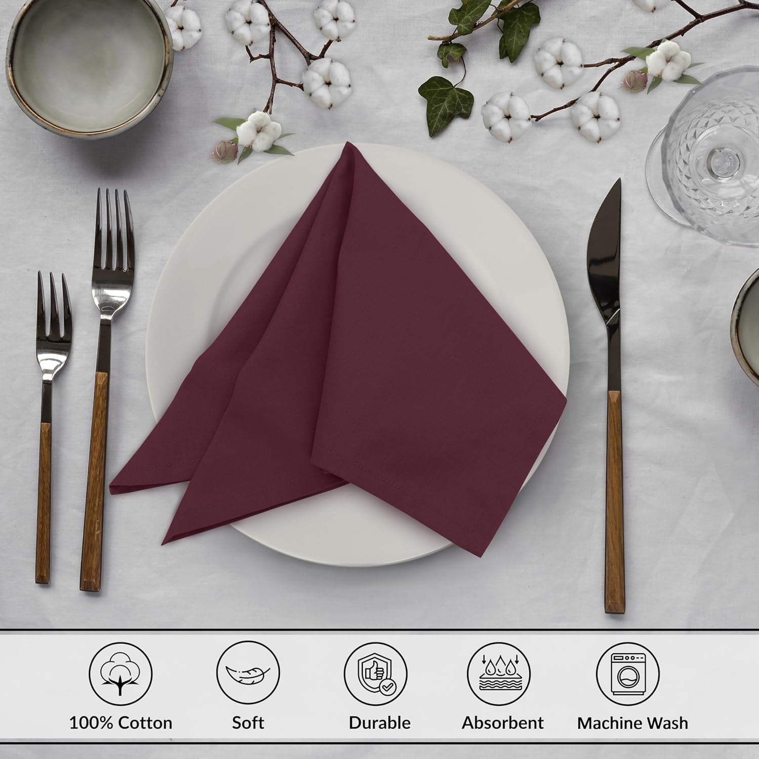 Ruvanti Cloth Napkins Set of 12, 100% Cotton 18”x18” - Burgundy | Washable, Soft, Durable & Absorbent Everyday Napkins.