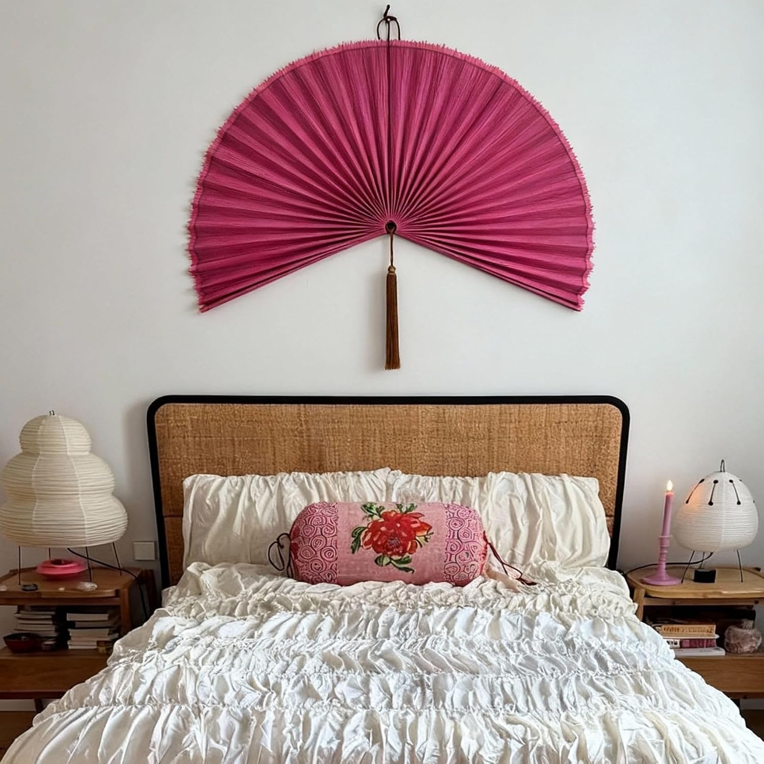 Large Bamboo Fan Wall Art for Boho Hanging Headboard / Rasberry / 31"L x 31"W