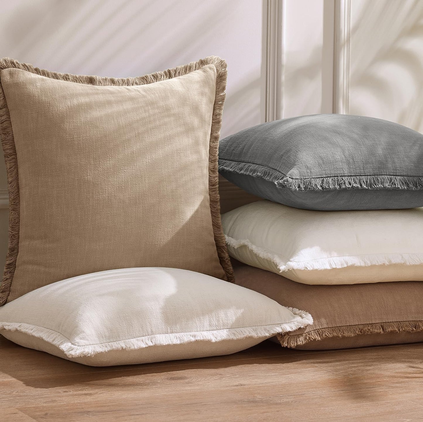 Decorative Linen Fringe Throw Pillow Covers Boho Accent Farmhouse / 20 x 20 / Camel / Set of 2