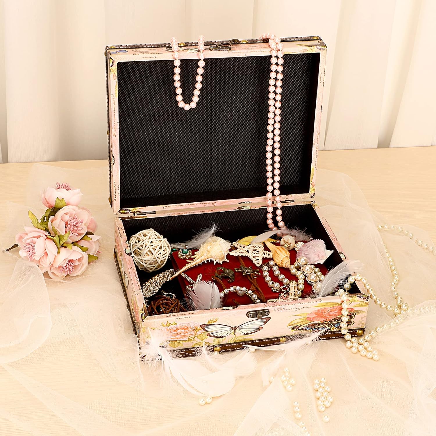 Wooden + PU Leather Storage Decorative Box for Jewelry Trinkets Photos / Butterfly Pattern